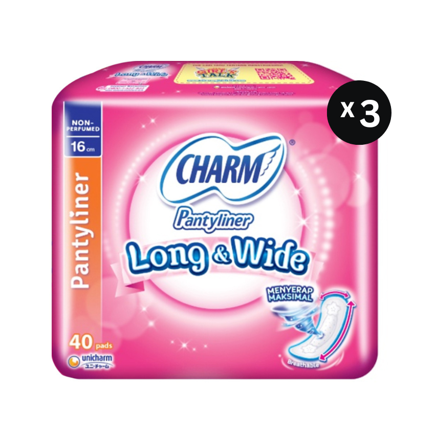 Pembalut Charm Long & Wide Pantyliner - 40 Pads (3 Pack)