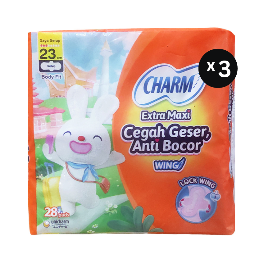 Pembalut Charm Body Fit Extra Maxi Wing 23cm - 28 Pads (3 Packs)