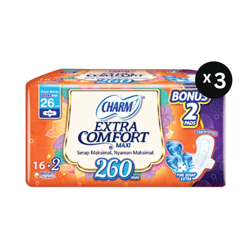 Pembalut Charm Extra Comfort Maxi 26cm Wing - 18 pads (3 Packs)