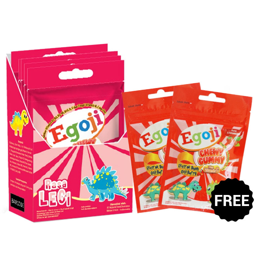 Egoji Chewy Rasa Leci Box - 50 Pcs | Free 2 Sachet Chewy Gummy Rasa Strawberry