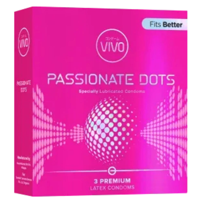Kotak merah muda Vivo Kondom Passionate Dots isi 3 pcs