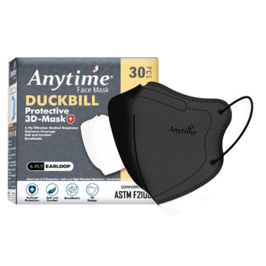 Anytime Duckbill Protective Mask 4 Ply Earloop Size Regular Black - 30 Pcs
