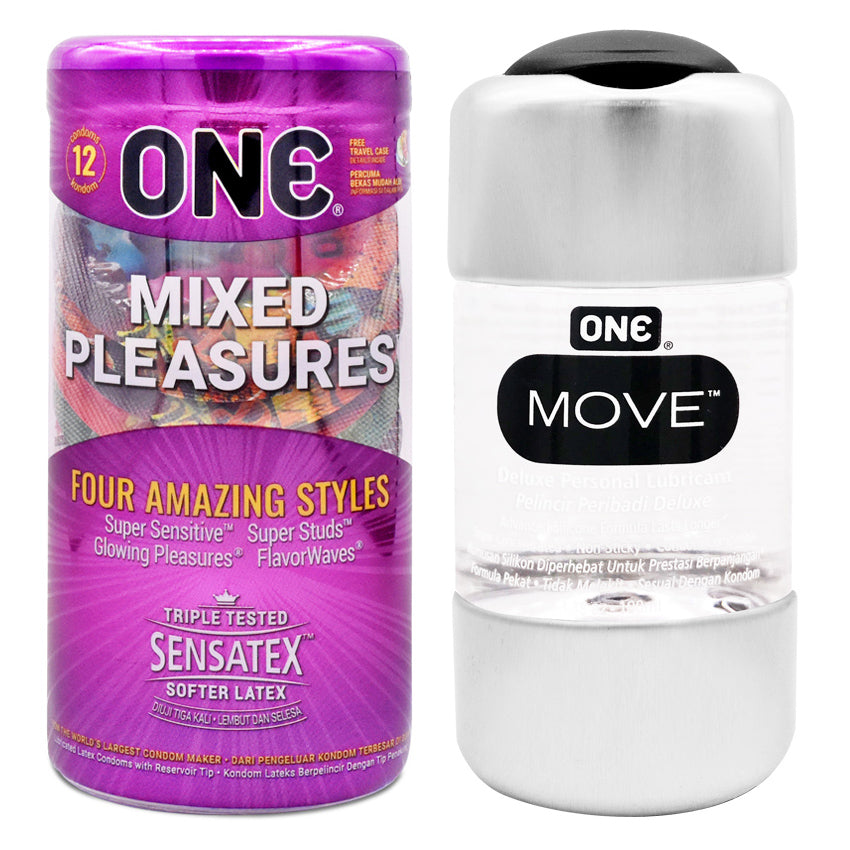 Gambar ONE® Kondom Mixed Pleasures 12 Pcs + ONE® Lubricant Move - 100 mL Kondom