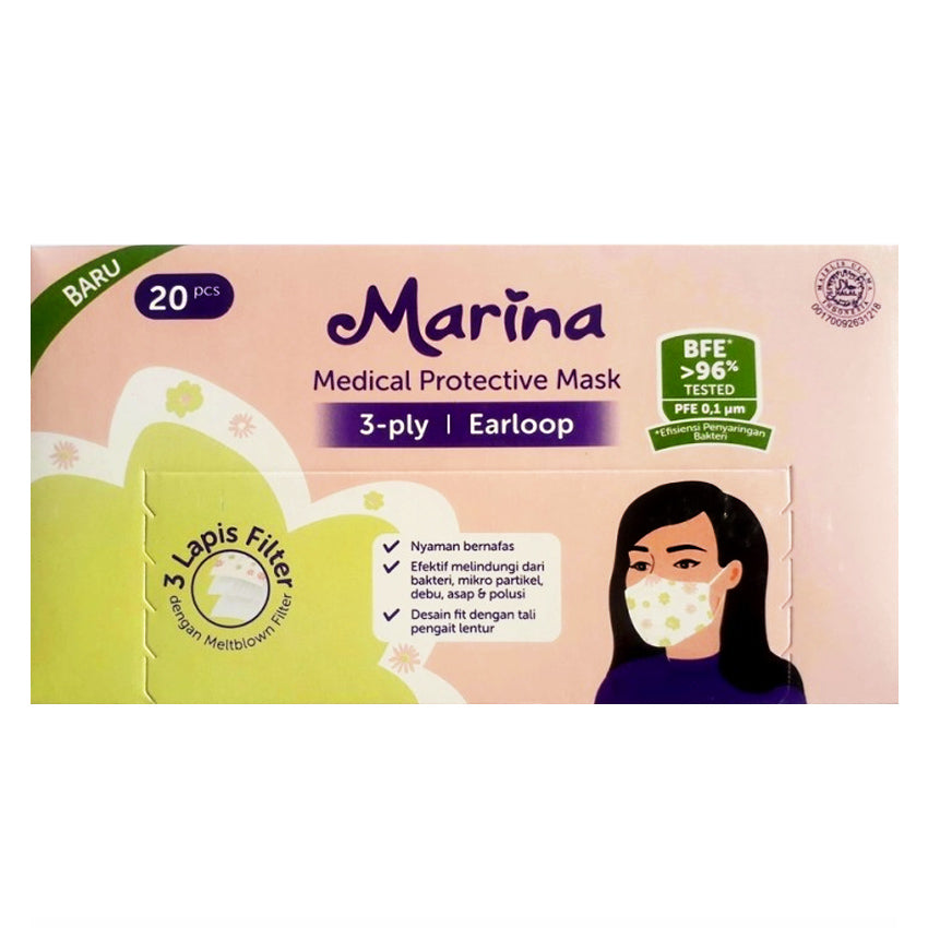 Marina Medical Protective Mask 3 Ply Earloop - 20 Pcs